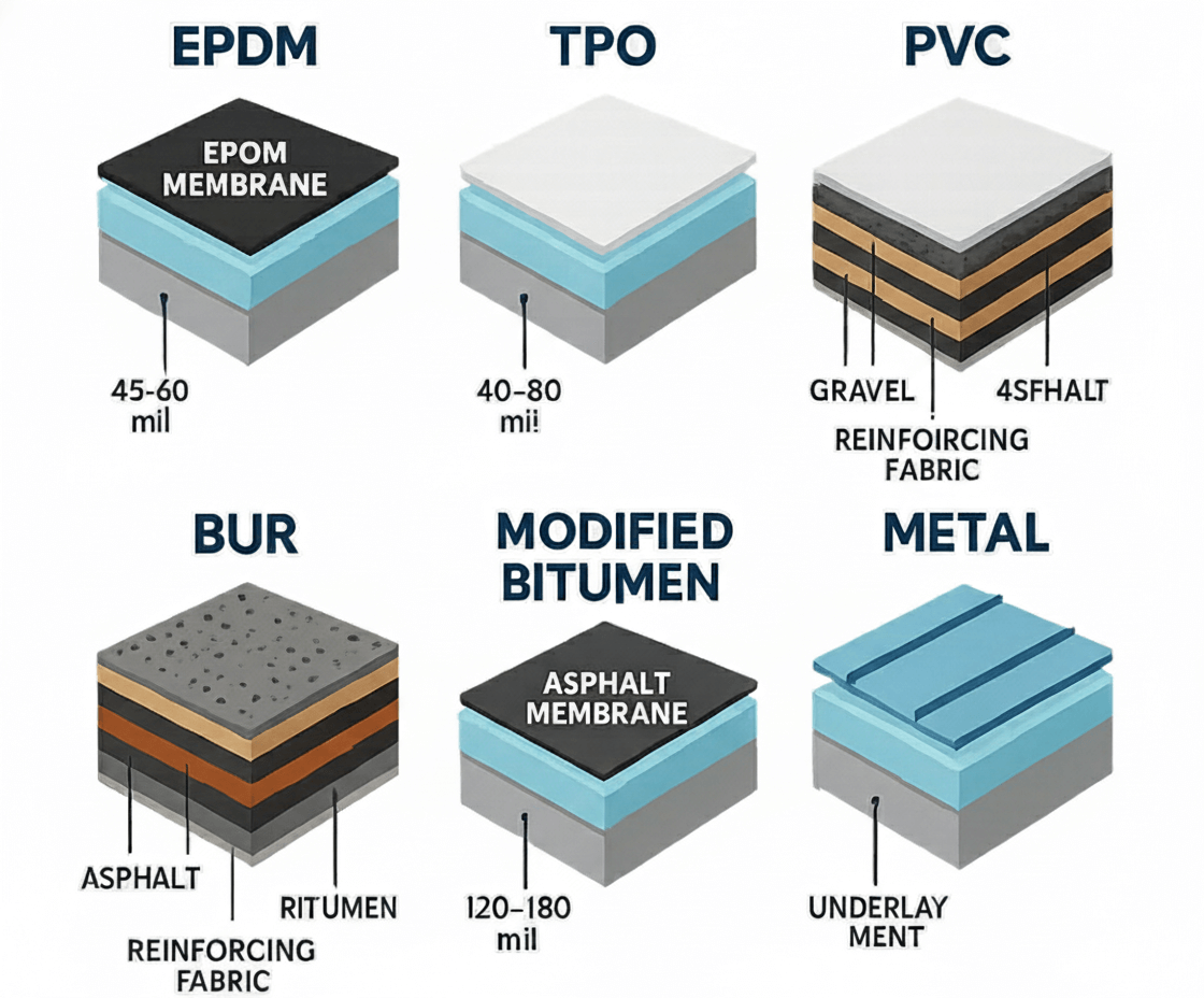 Commercial roofing systems (EPDM, TPO, PVC, BUR, Modified Bitumen, Metal)